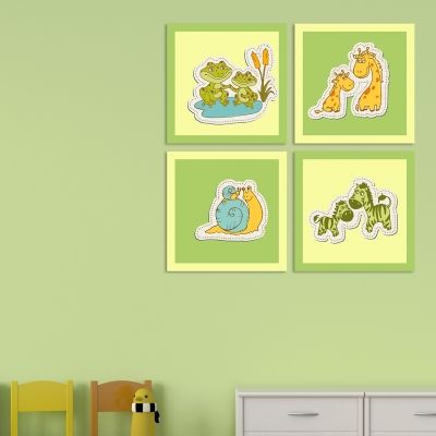 0175_4  Wall art decoration for kids (set of 4 pieces) Animals couples (green and yellow)