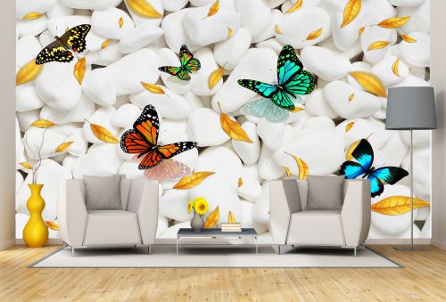 T9203 Фототапет 3D Камъни и пеперуди за всекидневна