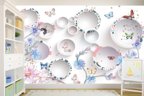 T9209 Фототапет 3D Кръгове, цветя и пеперуди за детска стая