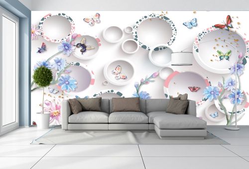 T9209 Wallpaper 3D Circles, flowers and butterflies
