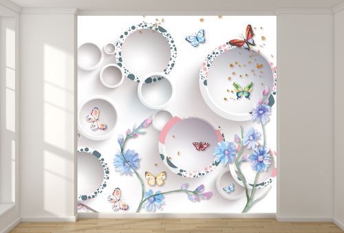 T9209 Wallpaper 3D Circles, flowers and butterflies