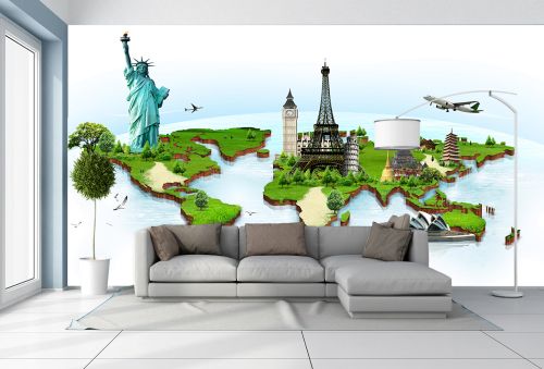 T9223 Wallpaper World map with landmarks