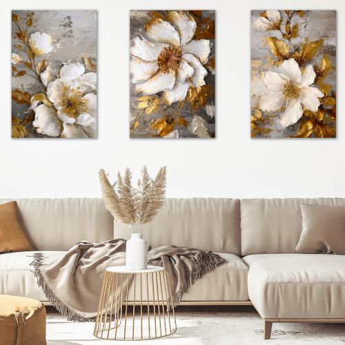 0934  Wall art decoration (set of 3 pieces) Flowers - white and gold