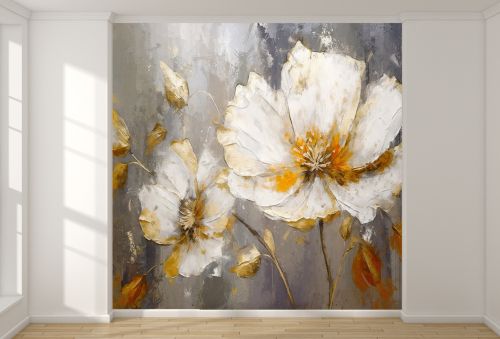 T0935 3D Wallpaper Flowers - white and gold