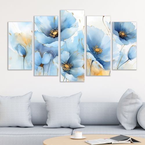 0963 Wall art decoration (set of 5 pieces) Blue flowers