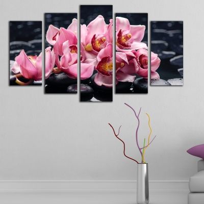 0205 Wall art decoration (set of 5 pieces) Pink orchids