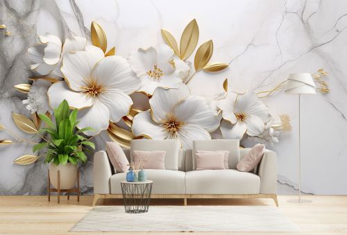 T1059 Wallpaper 3D Flowers gold and white