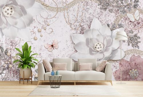 T9305 Wallpaper 3D Abstraction with white flowers, pearls and butterflies