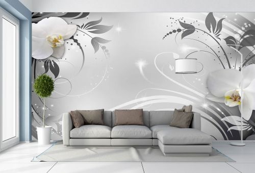 T9308 Wallpaper 3D White Orchids and Silver Ornaments