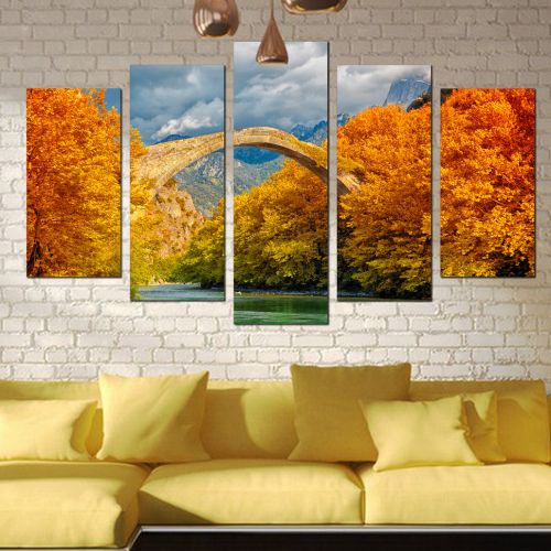 0320 Wall art decoration (set of 5 pieces) Colorful landcape with bridge