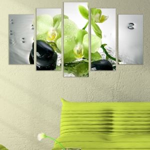 0323 Картина-пано от 5 части Бледо зелени орхидеи