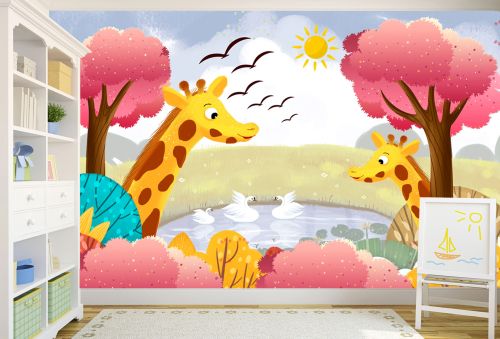 T9344 Wallpaper Giraffes and a lake with swans