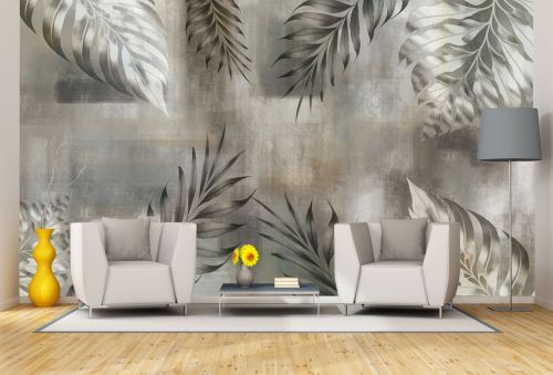 T9348 Wallpaper Leaves in soft gray and earth tones