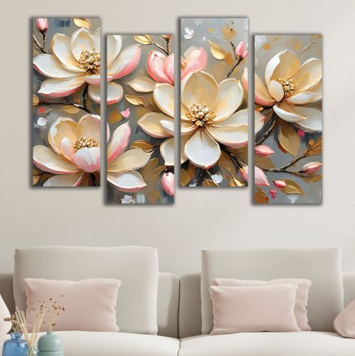 Картина пано от 4 части Изящни цветя в кремаво, златисто и розово за хол 1091 