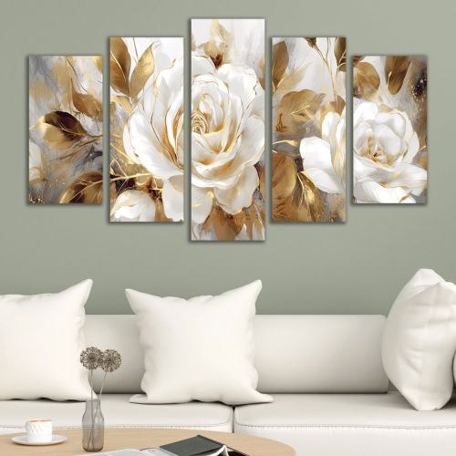 0750  Wall art decoration (set of 5 pieces) White orchids on brown background for living room