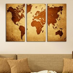 0339 Картина пано от 3 части Карта на света в кафяво