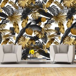T0895 Wallpaper Tropical leaves black and gold