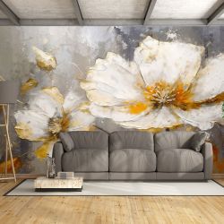 T0935 3D Wallpaper Flowers - white and gold
