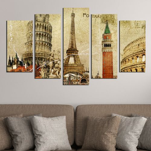 0369 Wall art decoration (set of 5 pieces) European symbols - vintage