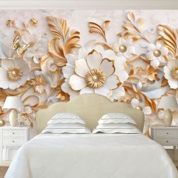 T0995 Wallpaper 3D Golden flowers and butterflies
