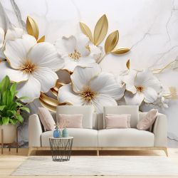 T1059 Wallpaper 3D Flowers gold and white