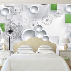 T9003 Wallpaper 3D Dandelions - white and green