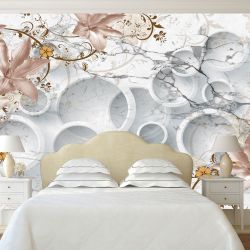 T9017 Wallpaper 3D Circles and vintage flowers
