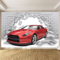 T9102 Wallpaper 3D Red car and brick wall