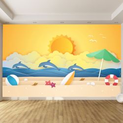T9127 3D Wallpaper Beach, sun, dolphins