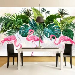 T9180 Wallpaper Tropical leaves and flamingos