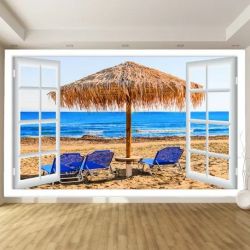 T9225 Фототапет Прозорец към плаж с чадър 