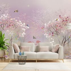 T9306 Wallpaper Spring garden with flamingos and birds