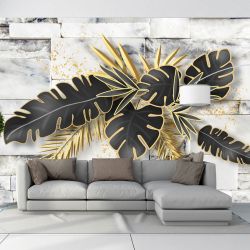 T9346 Wallpaper Gold and black leaves on a marble background