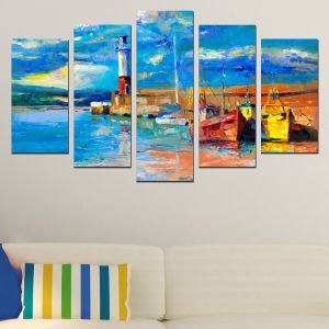 0445 Wall art decoration (set of 5 pieces) Lighthouse and boats