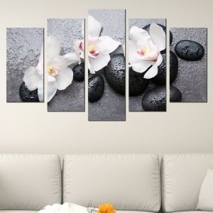 0594 Wall art decoration (set of 5 pieces) Zen composition with orchids and stones