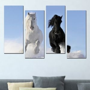 0632  Картина пано от 4 части Черен и бял кон