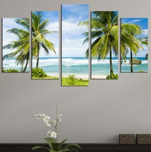 0661 Картина-пано от 5 части Красив плаж с палми