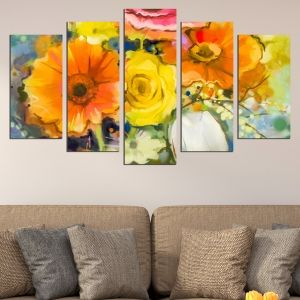0665 Wall art decoration (set of 5 pieces) Art flowers yellow and orange