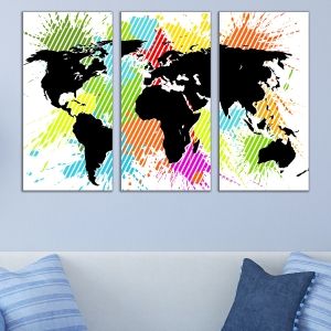 0729 Картина пано от 3 части Абстрактна цветна карта на света
