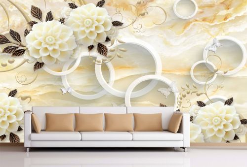 T9028 Wallpaper 3D Circles and vintage flowers