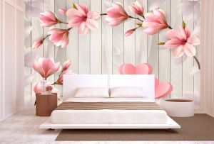 T9056 Wallpaper 3D Magnolias and hearts