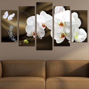 0750 Картина пано от 5 части Бели орхидеи на кафяв фон