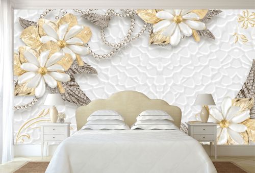 T9085 Wallpaper 3D Flowers - diamonds and gold