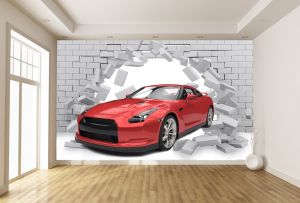 T9102 Wallpaper 3D Red car and brick wall