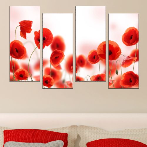 0805  Wall art decoration (set of 4 pieces) Red poppies