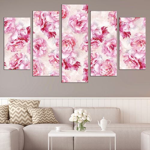 0816 Wall art decoration (set of 5 pieces)  Floral - pink roses