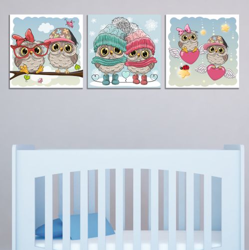 0819 Wall art decoration (set of 3 pieces) Little owls