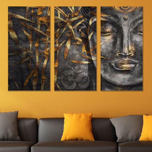 0832 Wall art decoration (set of 3 pieces) Buddha - gray and gold