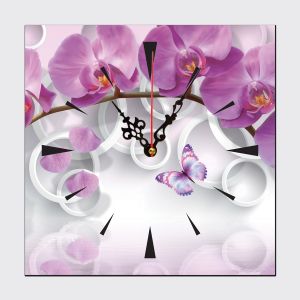 C9013_1 Стенен часовник с принт 3D Лилави орхидеи