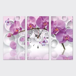 C9013_3 Стенен часовник от 3 части с принт 3D Лилави орхидеи